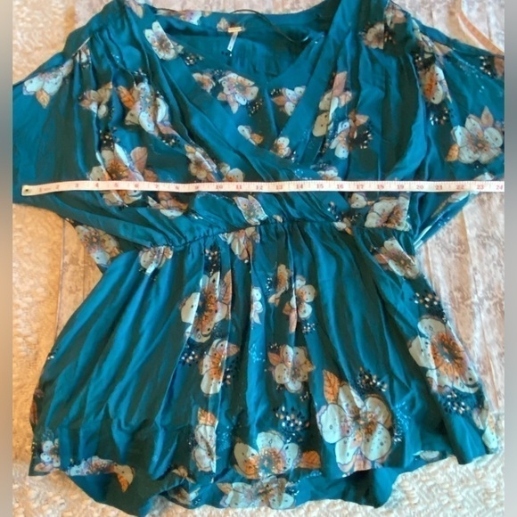 NWOT FREE PEOPLE Boho Tunic Top Kimono Teal Floral Mini Dress Size Small - Picture 8 of 8